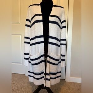 Striped Open-Front Cardigan Sweater - Navy and White
